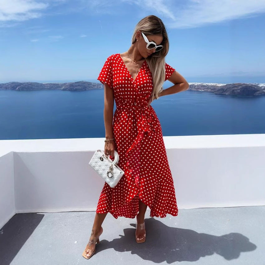 Polka Dot Wrap Deep V-Neck Short Sleeve Ruffle High Low Maxi Dress - View 3