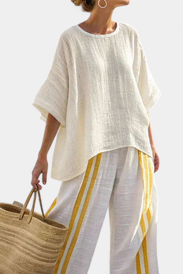 Short Sleeve Top and Striped Wide Leg Pants Two Piece Set 3
