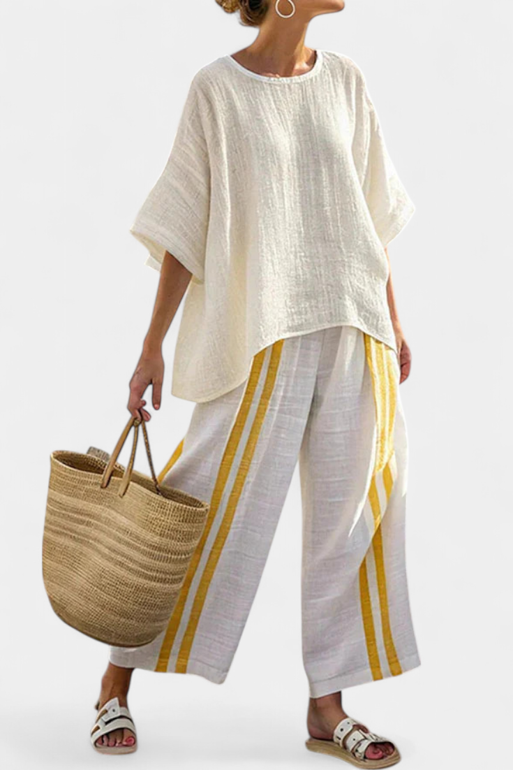 Short Sleeve Top and Striped Wide Leg Pants Two Piece Set 2