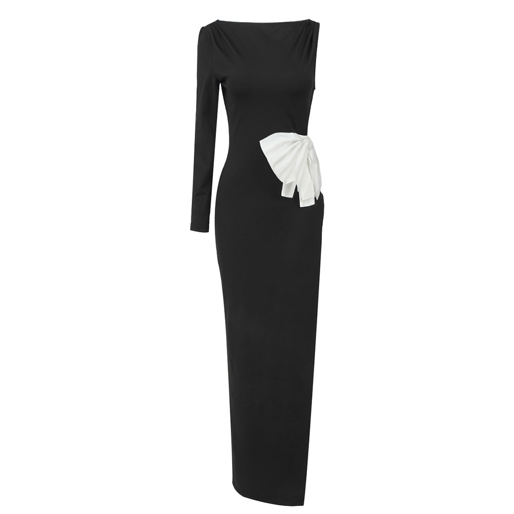 One Shoulder Long Sleeve Bow High Split Evening Gown - View 4