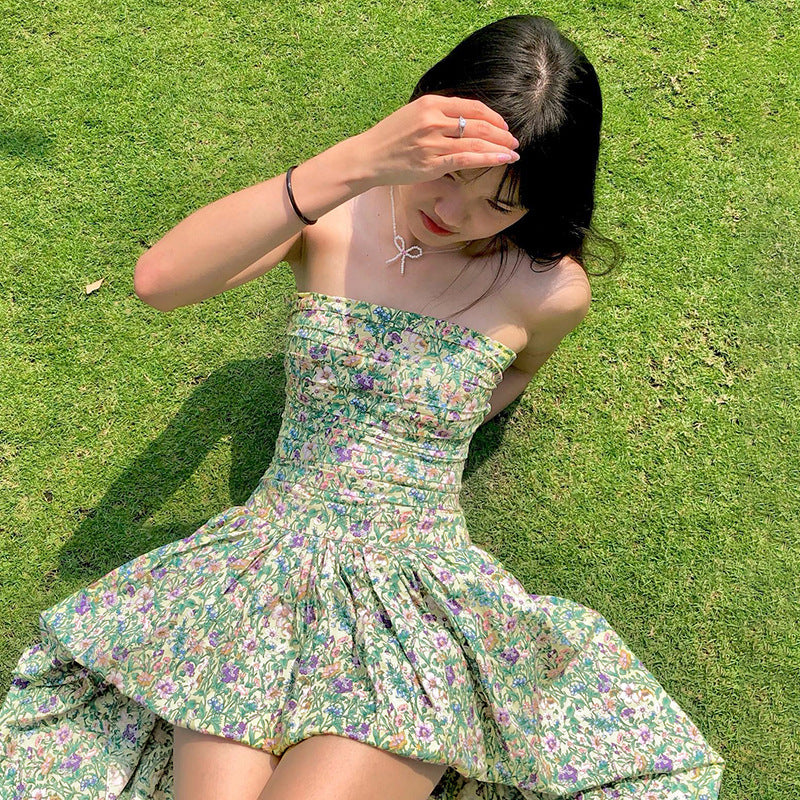 Strapless Ruched Floral Bubble Hem Mini Dress 5