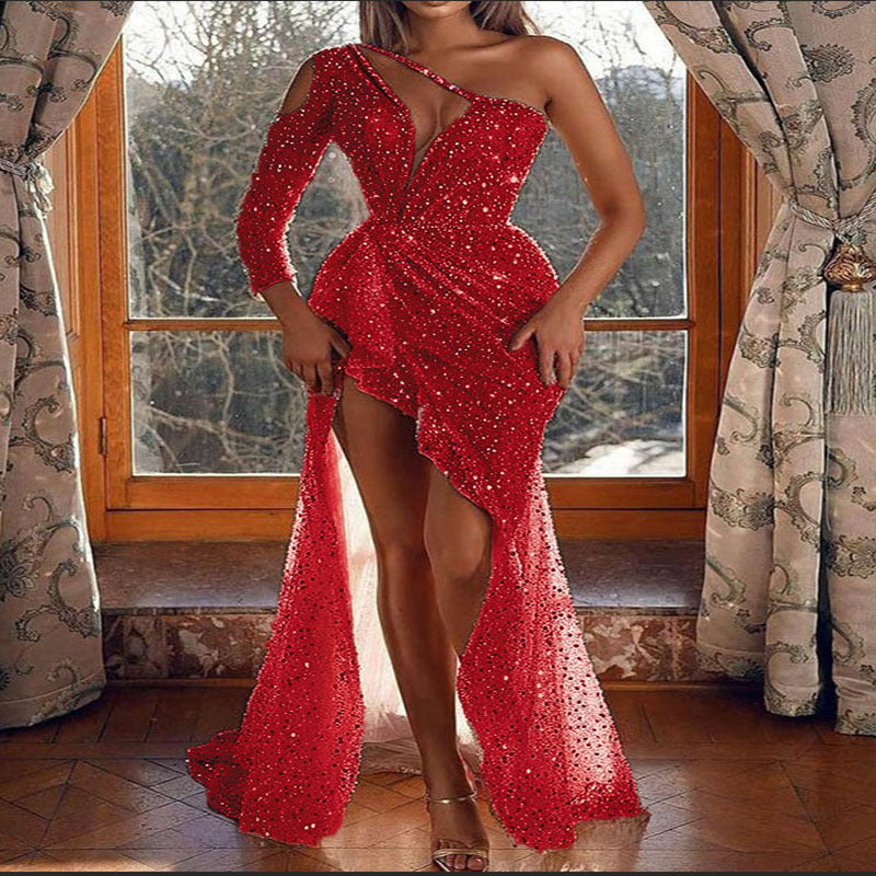 Sequin One Shoulder Cut Out Long Sleeve Beaded High Split Maxi Gown - View 3