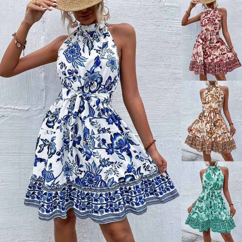 Floral Halter Neck Tie Waist Tiered A-Line Mini Summer Dress