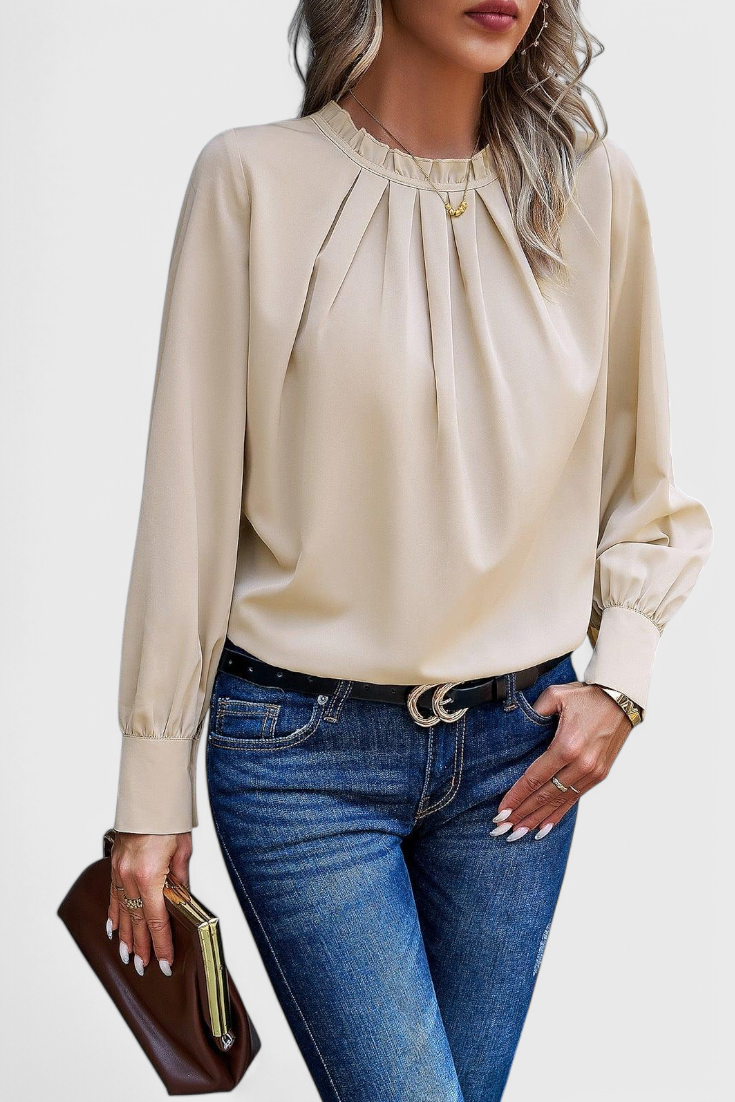 Frill Neck Pleated Front Long Sleeve Blouse