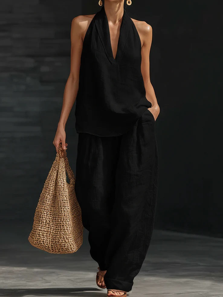 Halter Deep V-Neck Sleeveless Top and Wide Leg Pants Two Piece Set 2