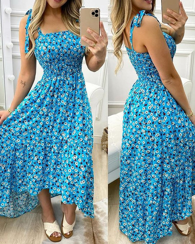 Floral Print Shirred Tie Strap Ruffle Hem Midi Dress - View 7