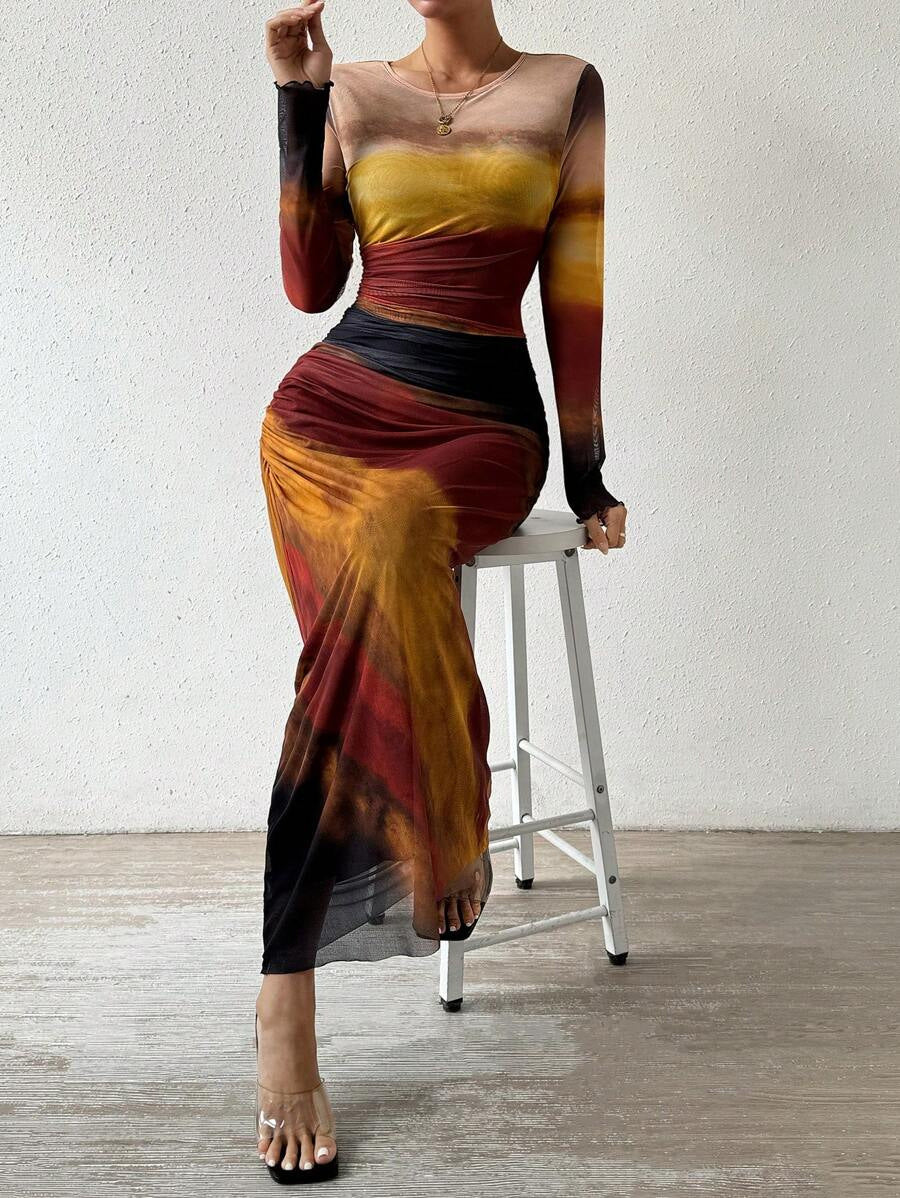 Abstract Print Long Sleeve Crop Top and Ruched Maxi Skirt Two Piece Set 5