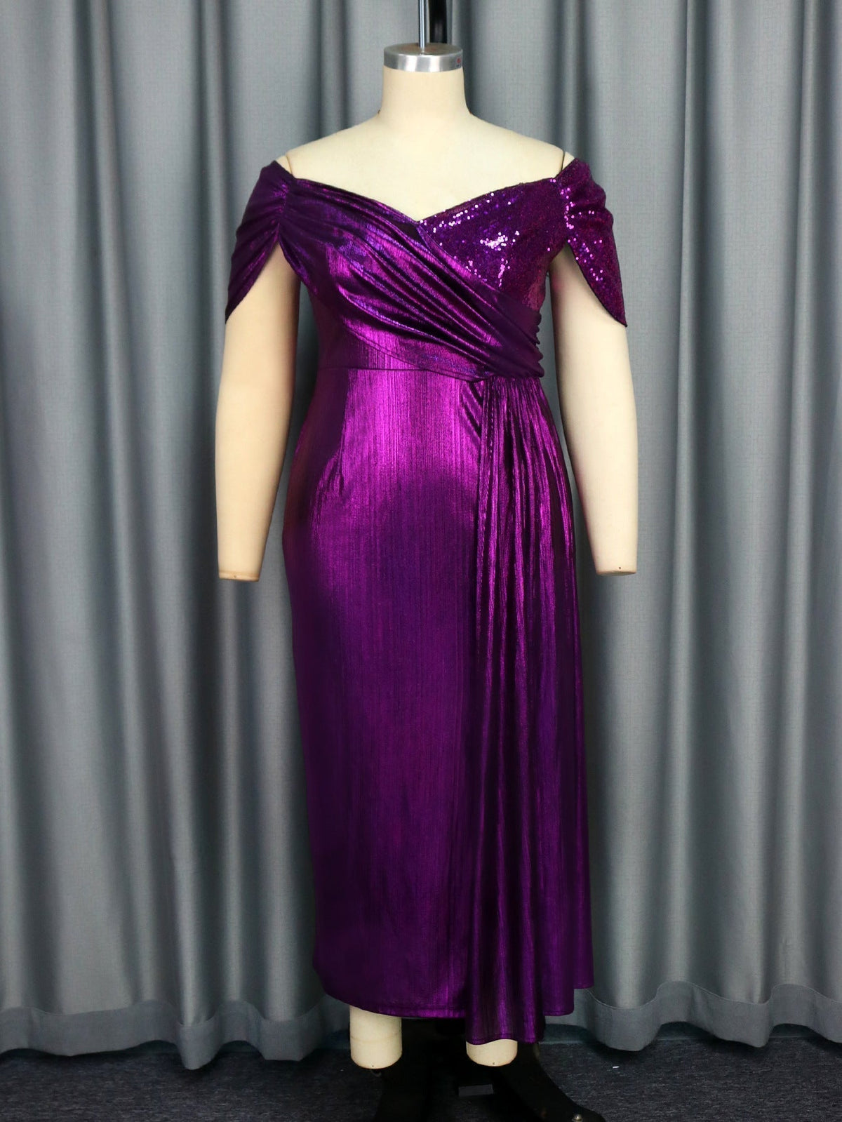 Off Shoulder Draped Ruched High Split Maxi Dress - View 3