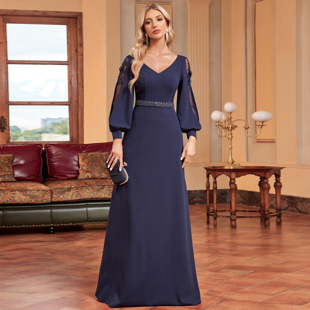 V-Neck Bishop Sleeve Beaded Waist Mermaid Maxi Evening Dress - View 2