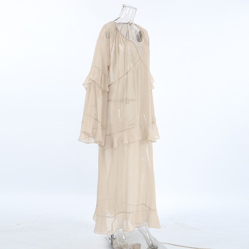Sheer Tiered V-Neck Tie Neck Long Flared Ruffle Sleeve Maxi Dress - View 8