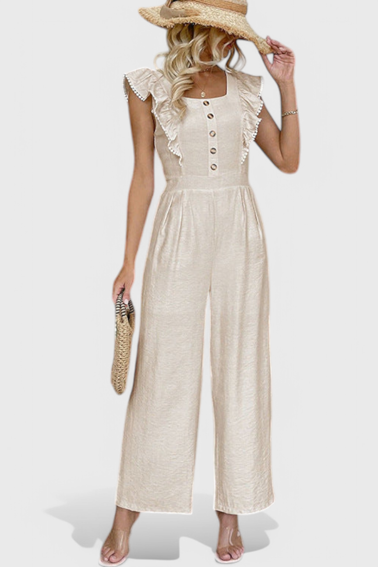 Ruffle Sleeve Square Neck Button Front Wide Leg Jumpsuit