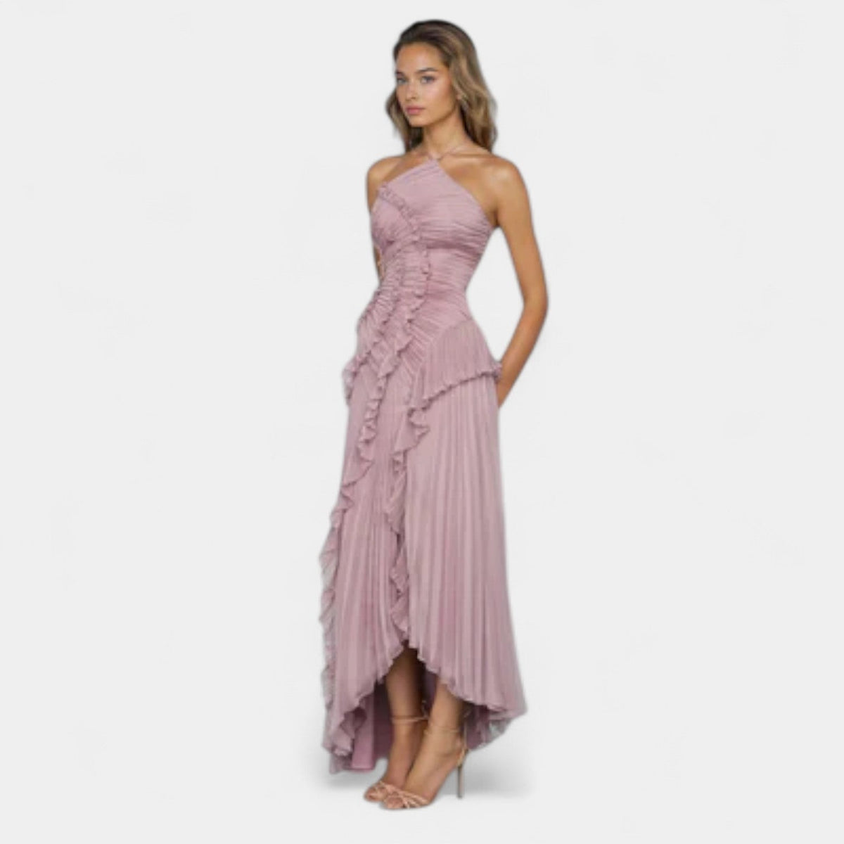 Pleated Ruffle Halter Neck High Low Maxi Dress 3