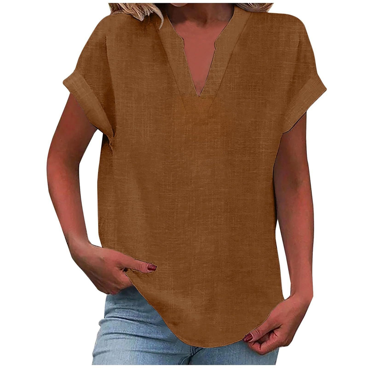 Split V-Neck Short Sleeve Linen Blouse 13