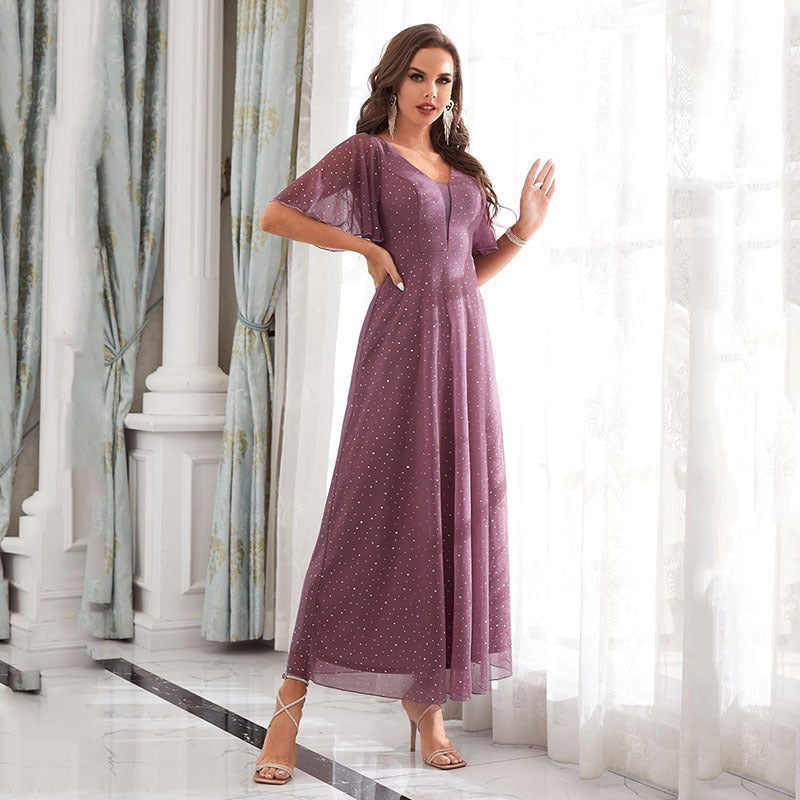 Glitter Mesh V-Neck Flutter Sleeve A-Line Maxi Dress - View 2