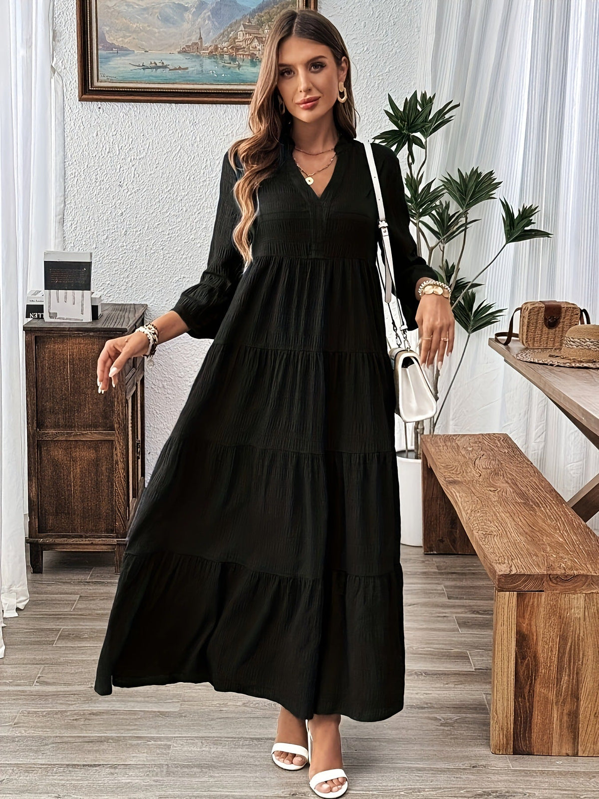 Notch V-Neck Tiered Flowy Maxi Dress 3