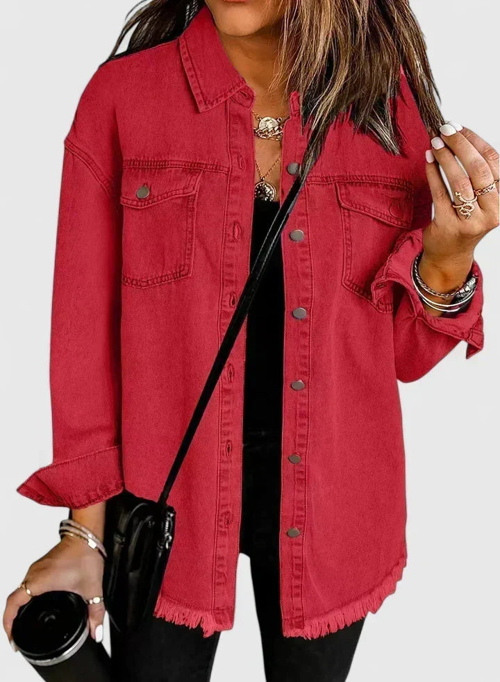 Button Front Frayed Hem Denim Shirt Jacket 6