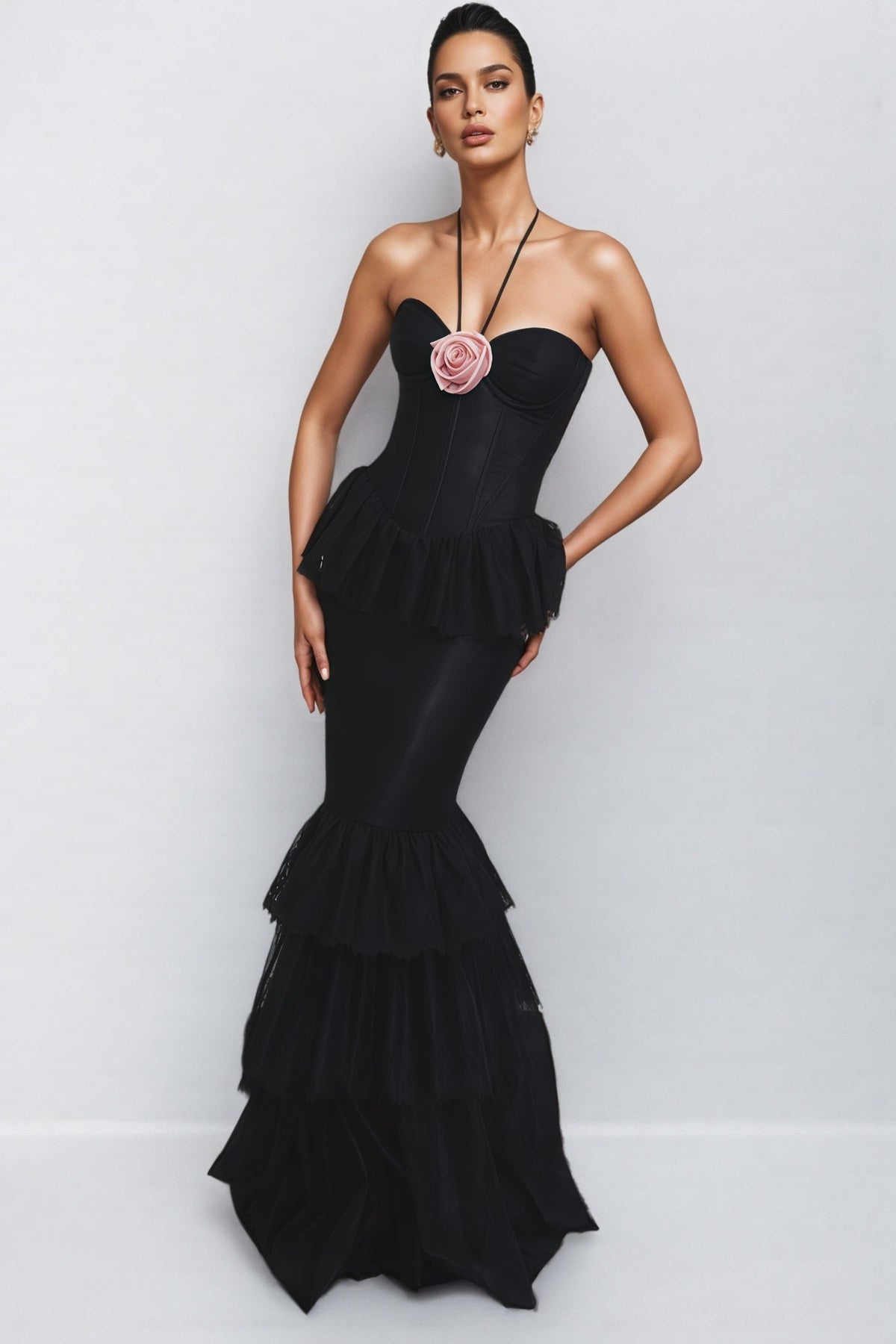 Bastien Black Lace Floral Maxi Dress