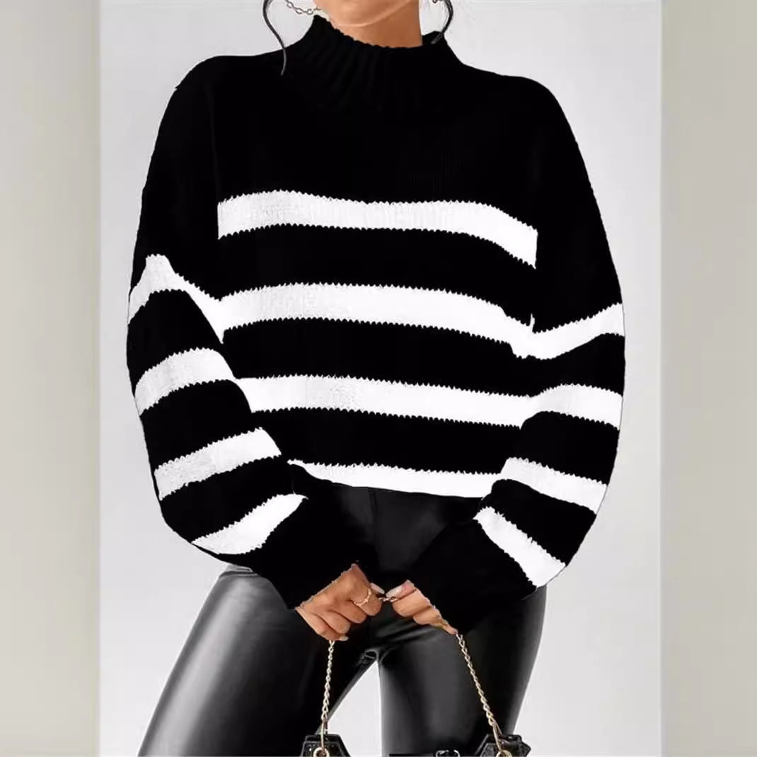 Striped Mock Neck Long Sleeve Oversized Sweater 5