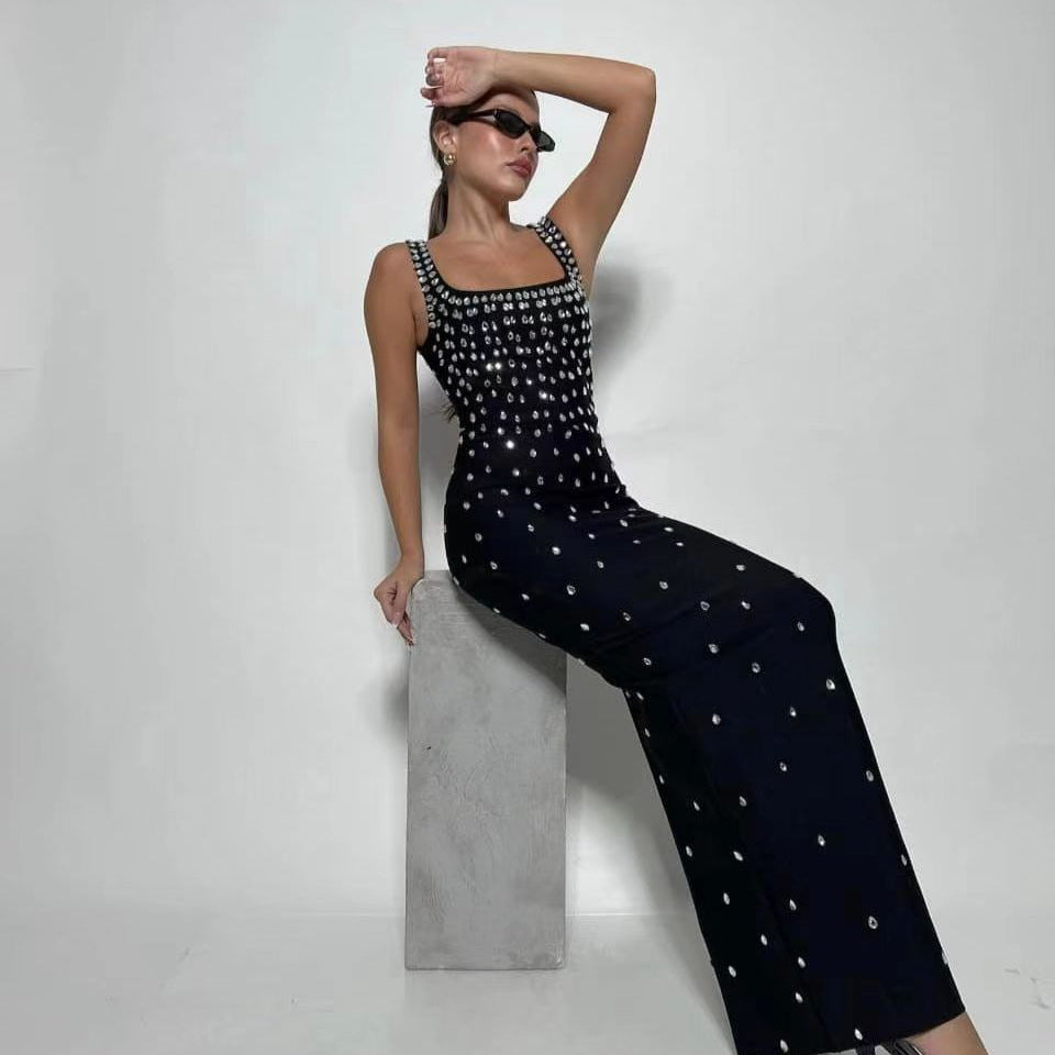 Rhinestone Polka Dot Square Neck Bandage High Split Maxi Dress - View 2