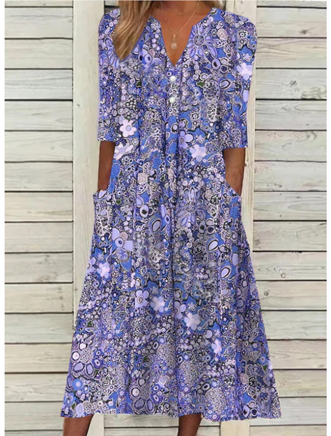 Bohemian Floral Print Deep V-Neck Button Placket Pocket Dress - View 4
