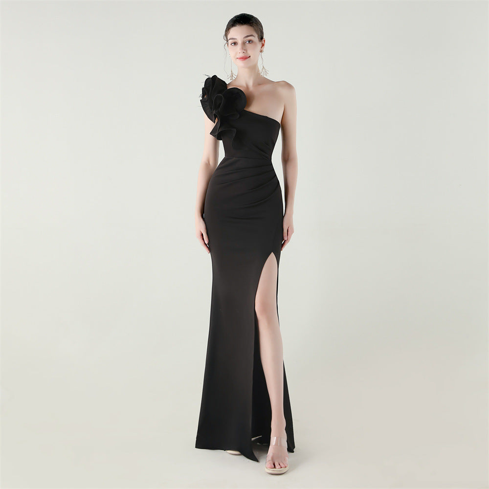 Satin One Shoulder Ruffle Ruched High Split Mermaid Gown - View 4