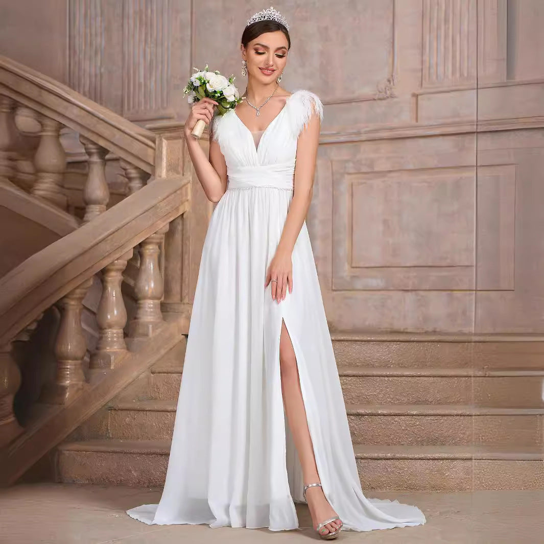 Solid Color V neck Backless Velvet Collar Chiffon Split Elegant Slim Fit Cocktail Evening Dresses - View 4