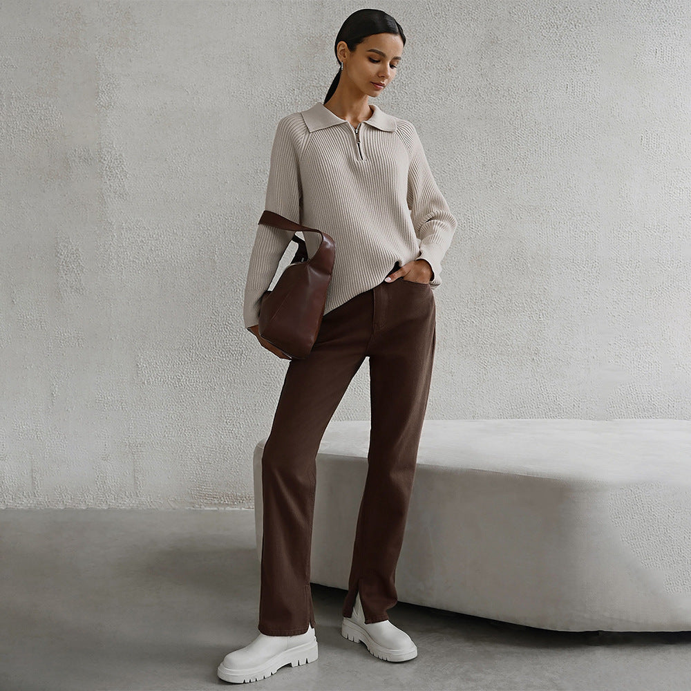 Collared Quarter Zip Ribbed Knit Sweater 9