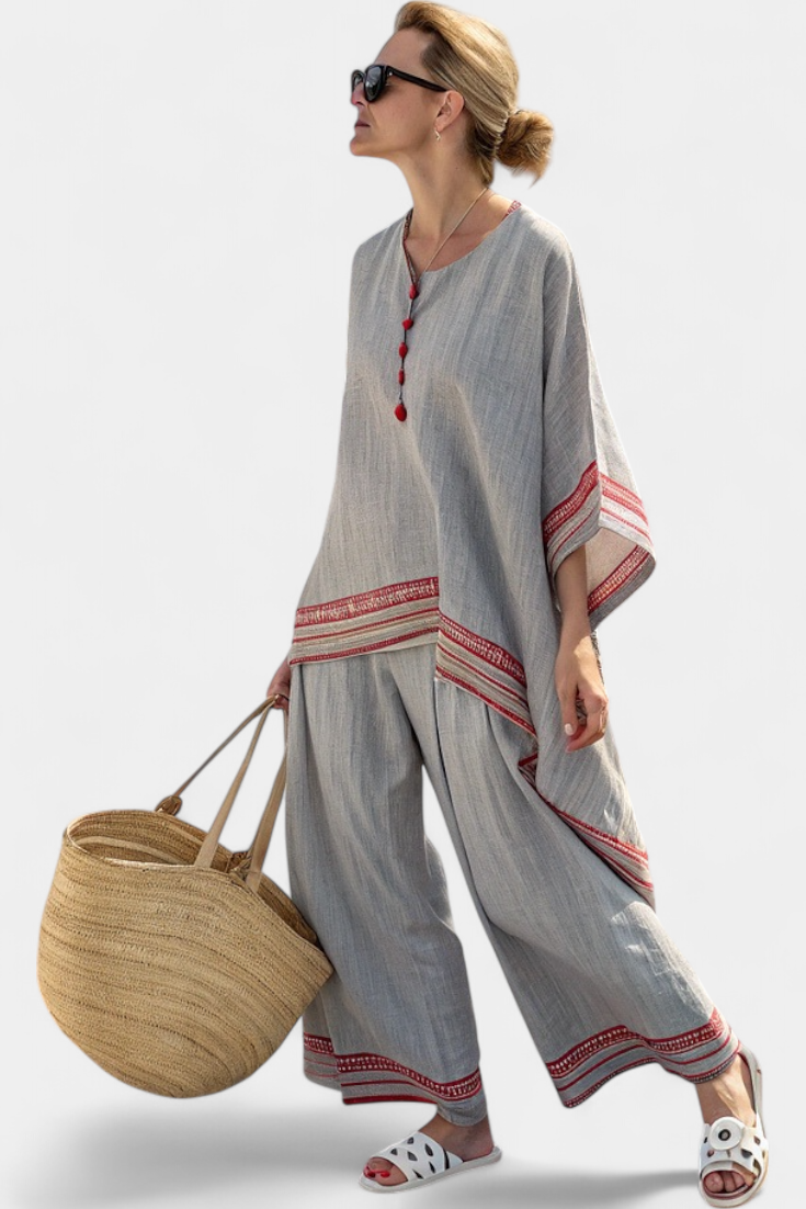 Contrast Trim Tunic Top and Wide Leg Pants Two Piece Set 5