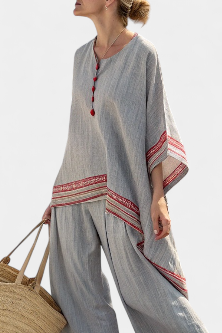 Contrast Trim Tunic Top and Wide Leg Pants Two Piece Set 3