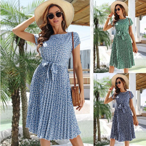 Floral Print Short Sleeve Tie Belt Pleated Midi Dress
