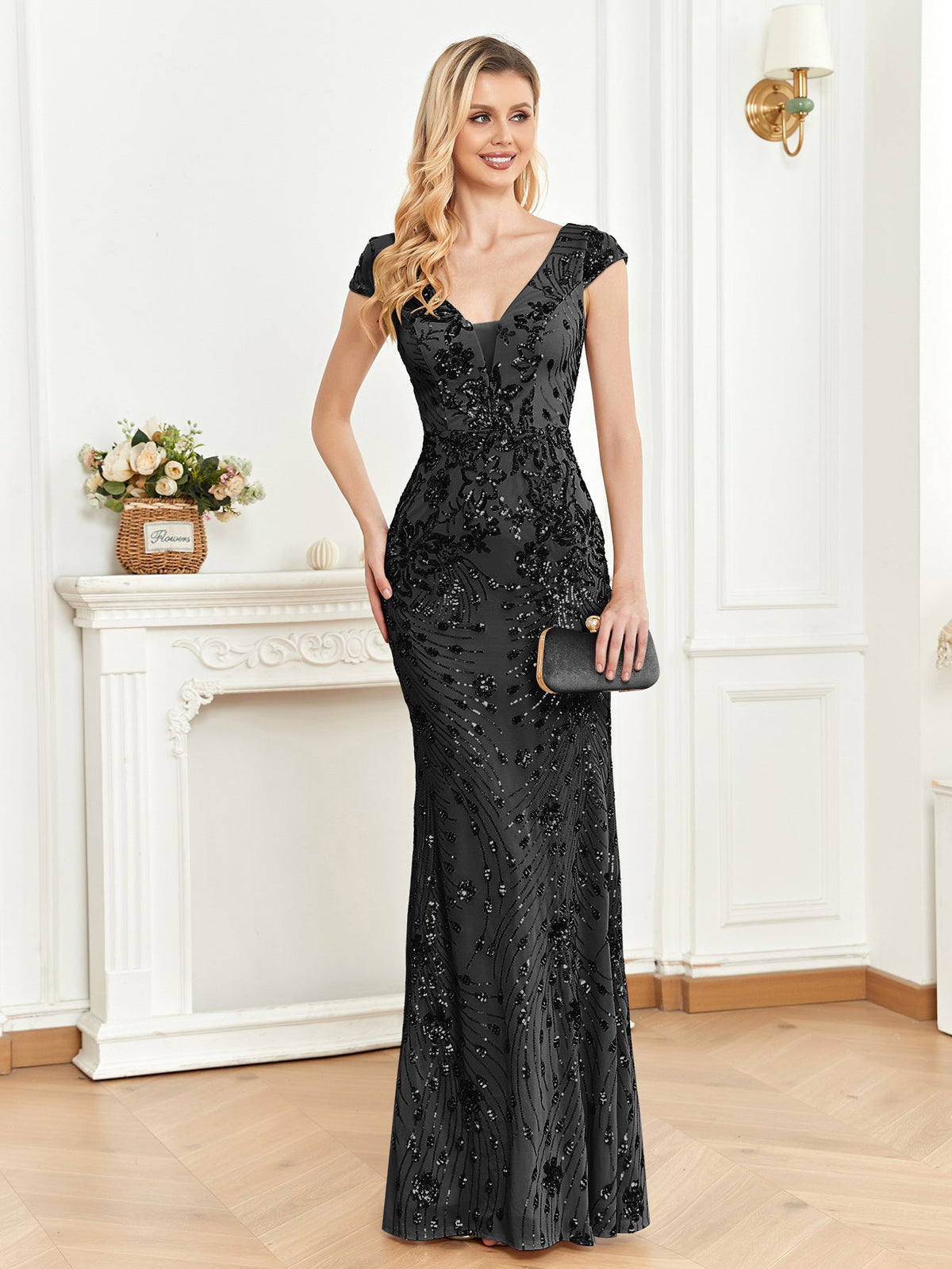 Sequin V-Neck Cap Sleeve Mermaid Evening Gown - View 3