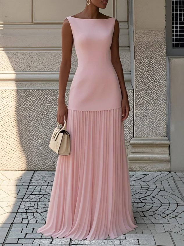 Boat Neck Sleeveless Pleated Maxi Dress 2