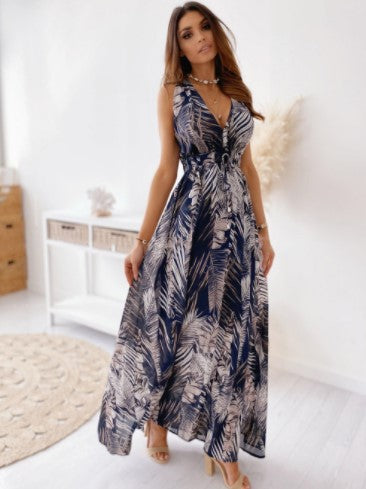 Tropical Print Deep V-Neck Sleeveless Elastic Waist A-Line Maxi Dress - View 5