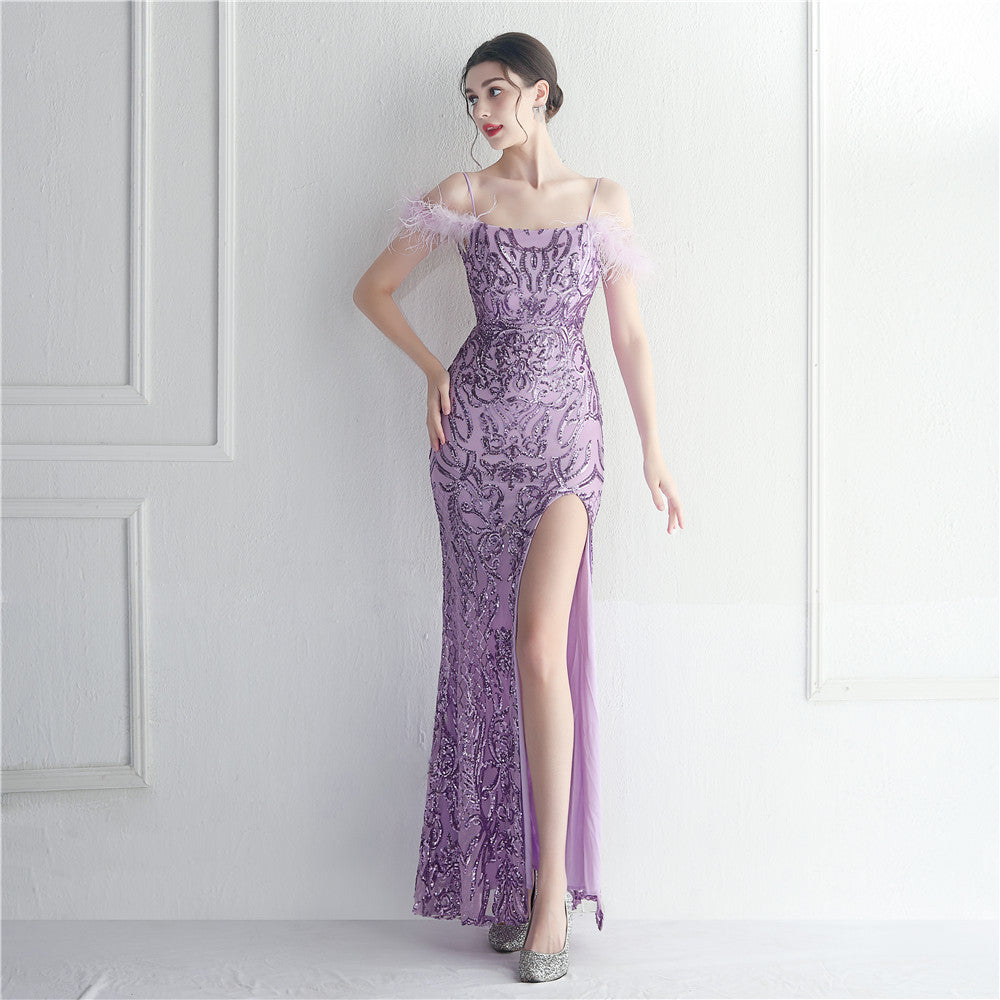 Sequin Feather Trim Spaghetti Strap High Split Mermaid Gown - View 6