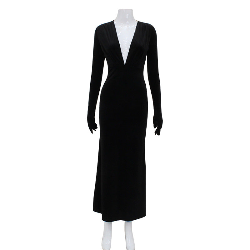 Velvet Deep V-Neck Long Sleeve Integrated Glove Column Formal Gown - View 5