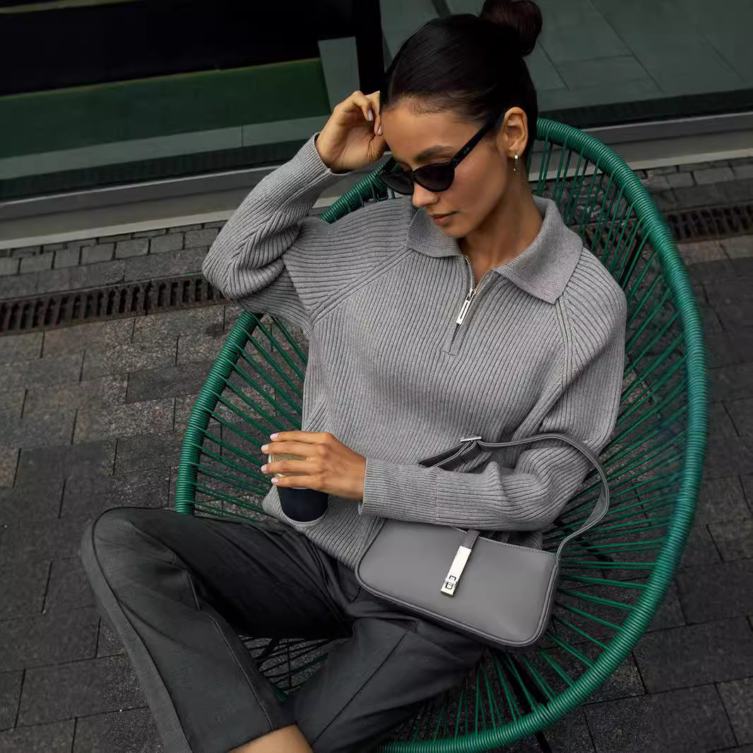 Collared Quarter Zip Ribbed Knit Sweater 8