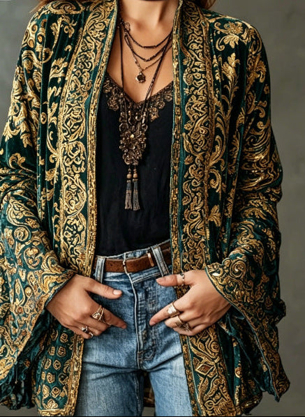 Paisley Velvet Boho Open Front Kimono Cardigan 10