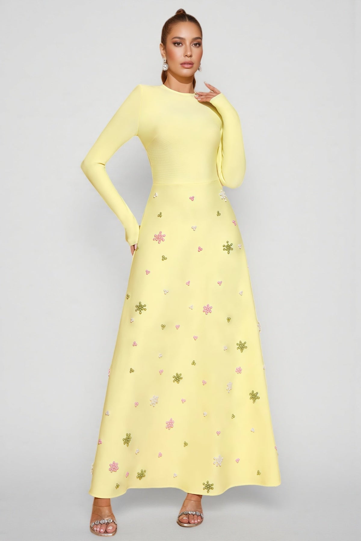 Long Sleeve Crew Neck Beaded Floral Applique A-Line Maxi Gown - View 4