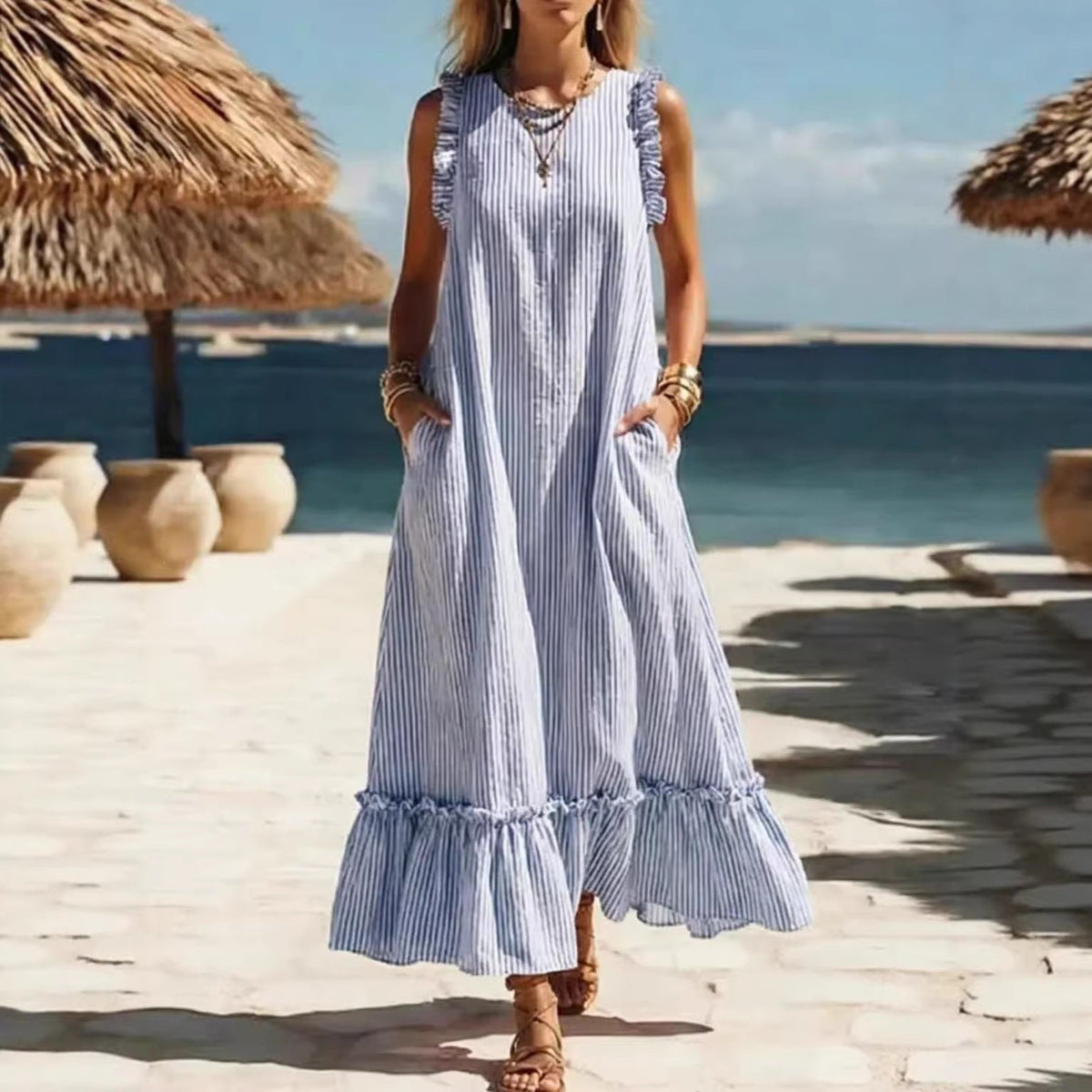 Striped Sleeveless Ruffle Hem Maxi Dress