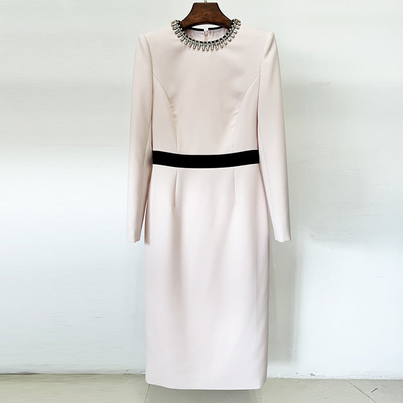 Beaded Collar Long Sleeve Belted Sheath Midi Dress - View 3