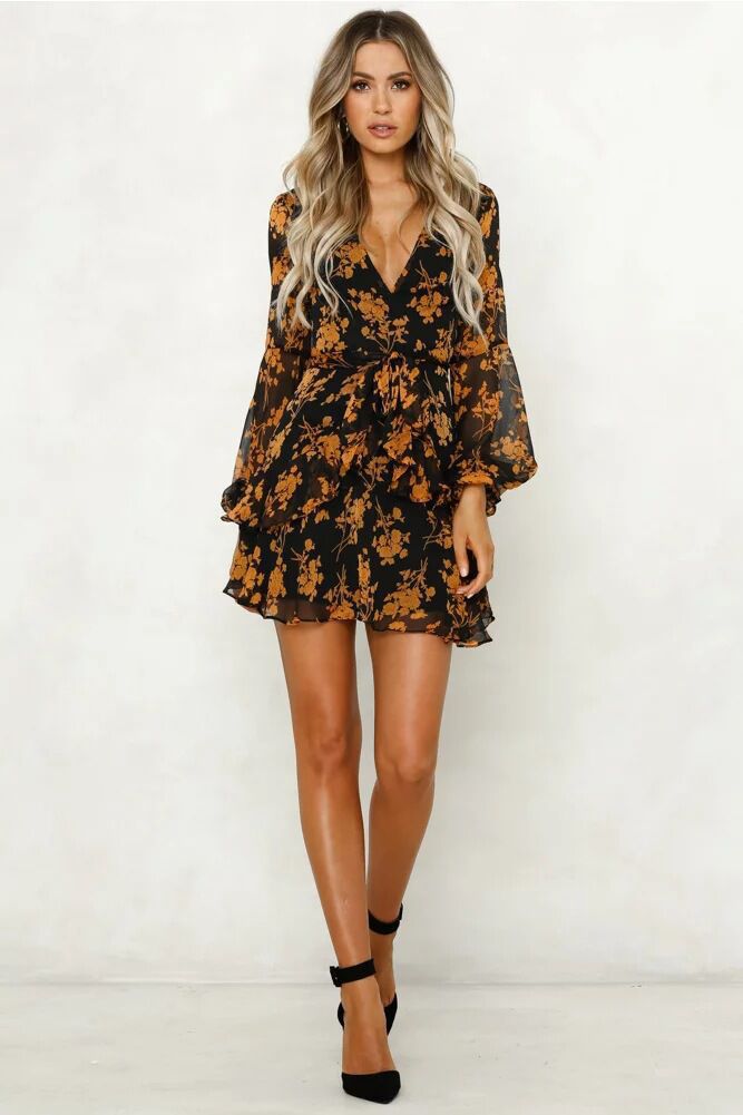Floral Chiffon Deep V-Neck Short Sleeve Tiered Ruffle Mini Dress - View 4