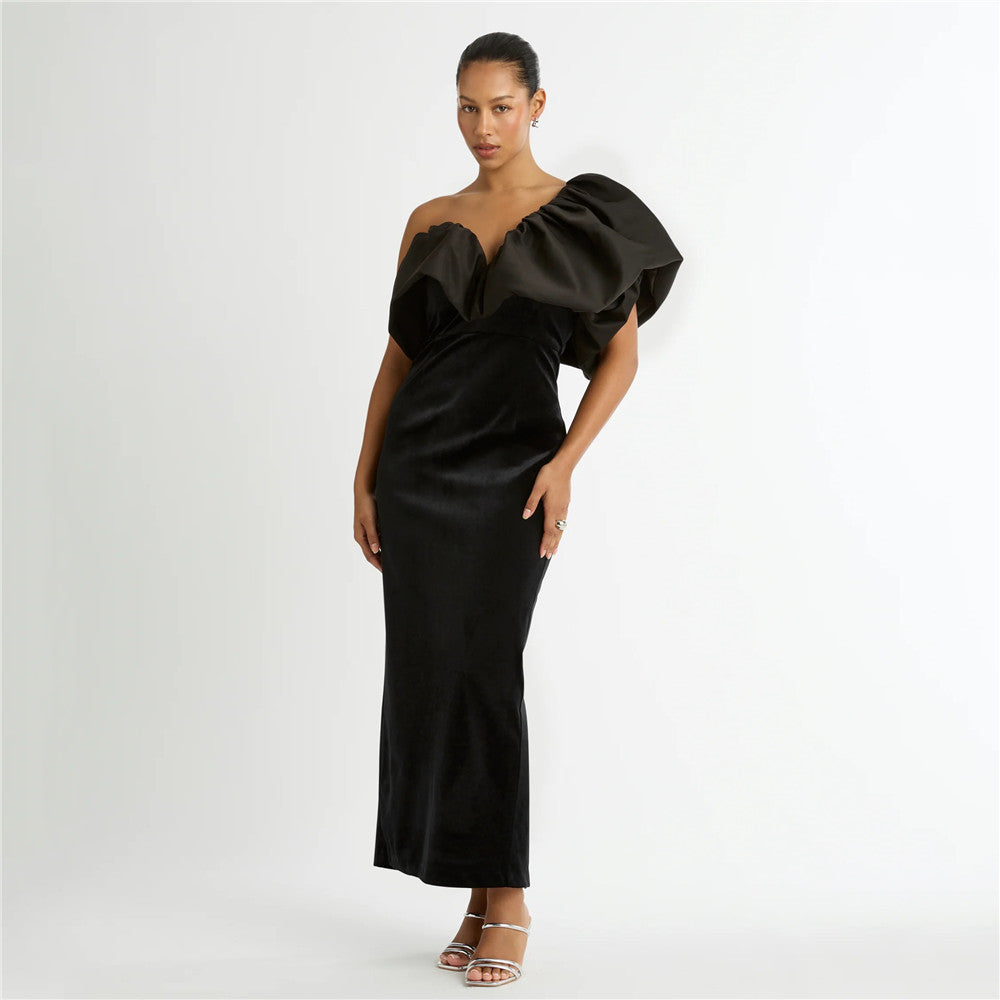 One Shoulder Ruffle Velvet Column Maxi Gown