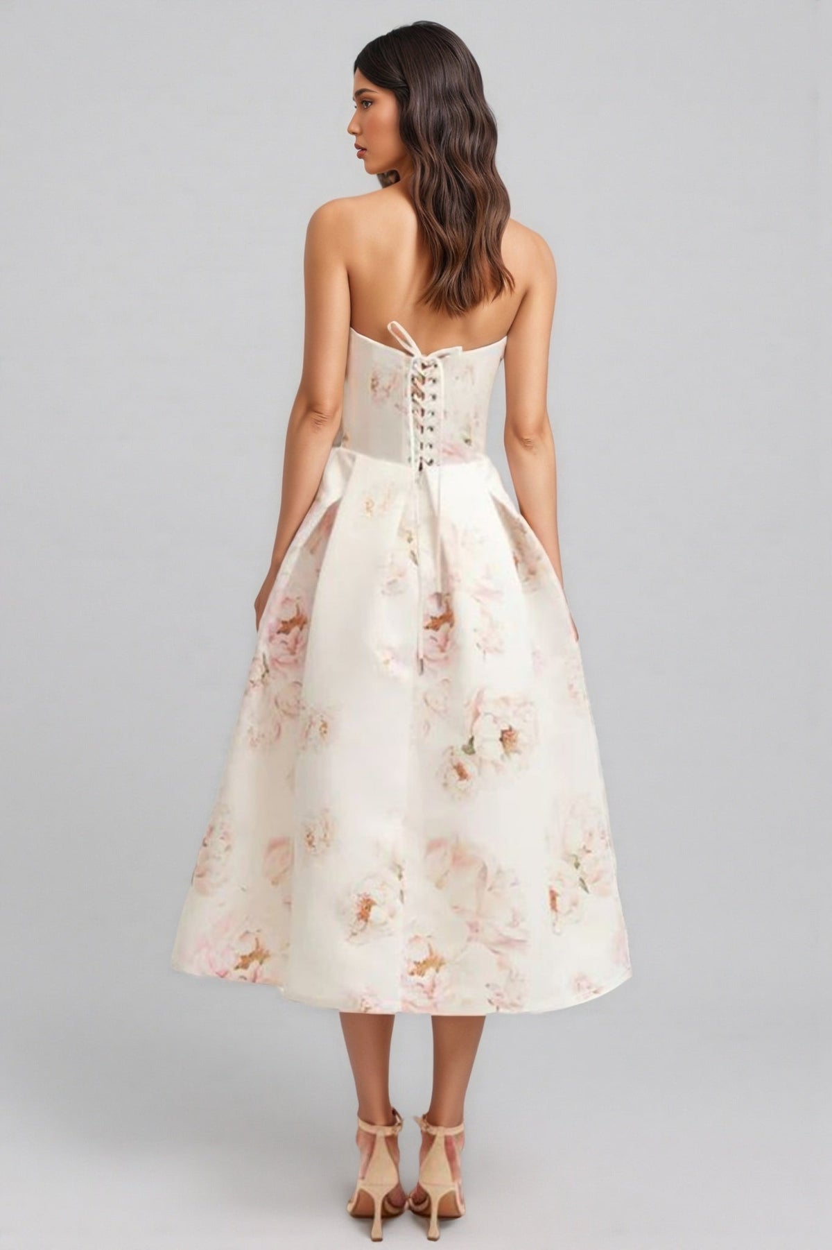 Floral Print Strapless Fit and Flare Midi Dress - View 3
