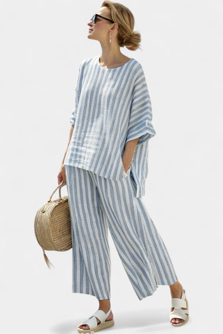 Striped Short Sleeve Top and Wide Leg Pants Two Piece Set 5