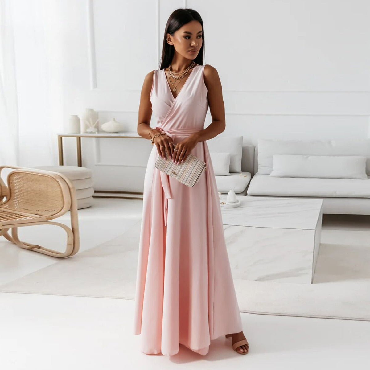 Sleeveless V-Neck Wrap Tie Waist Bow Sash Flowy Maxi Gown