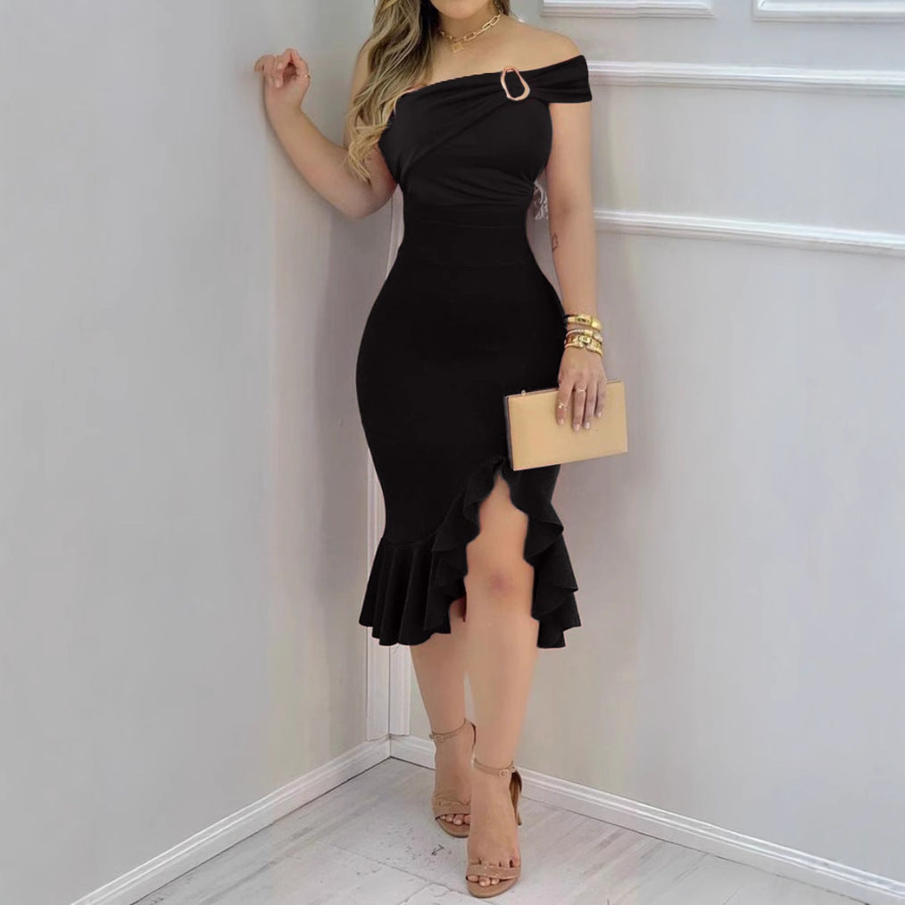 Off Shoulder Ring Detail Ruched Ruffle Hem Bodycon Midi Dress - View 4