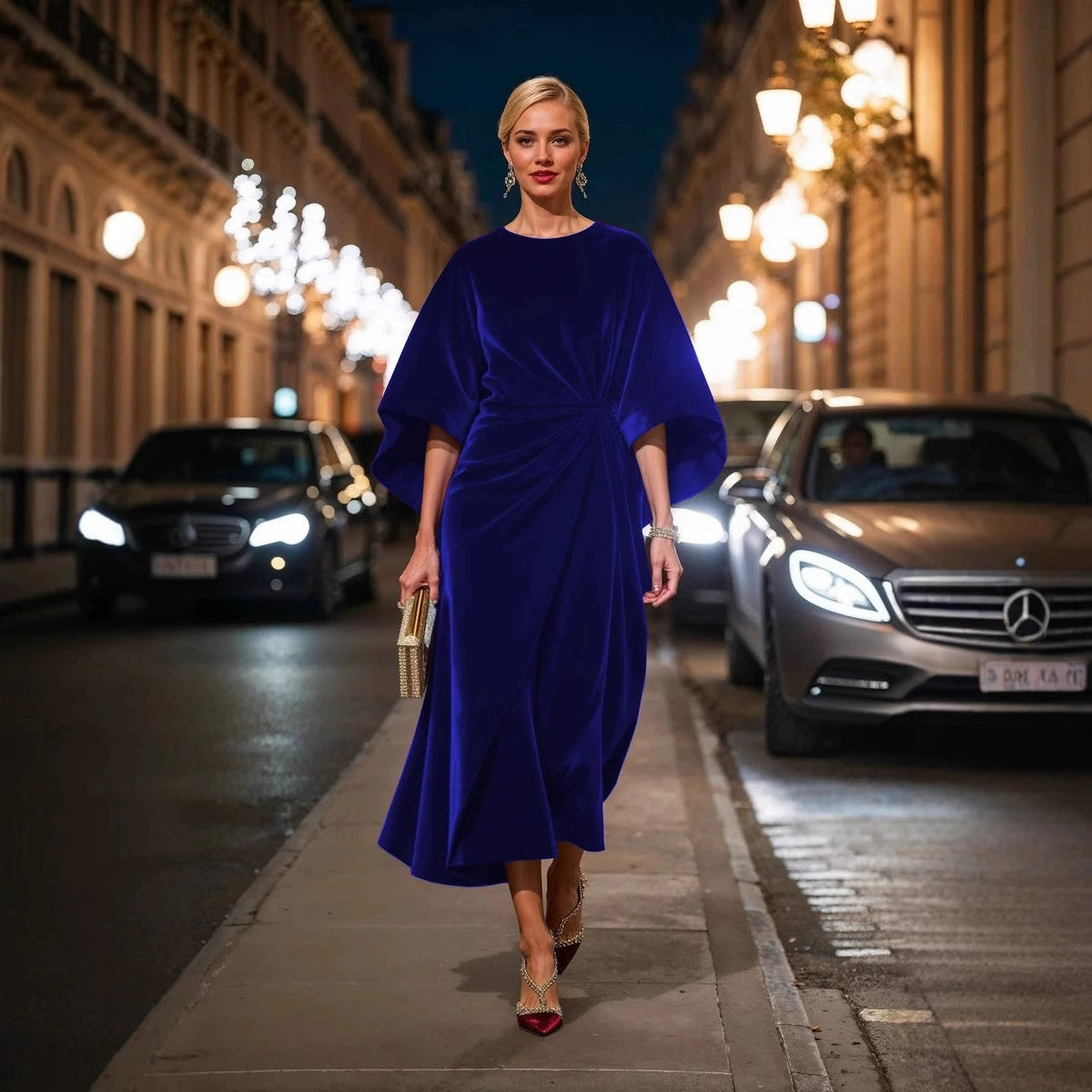 Velvet Round Neck Batwing Sleeve Side Twist Ruched Midi Cocktail Dress - View 9