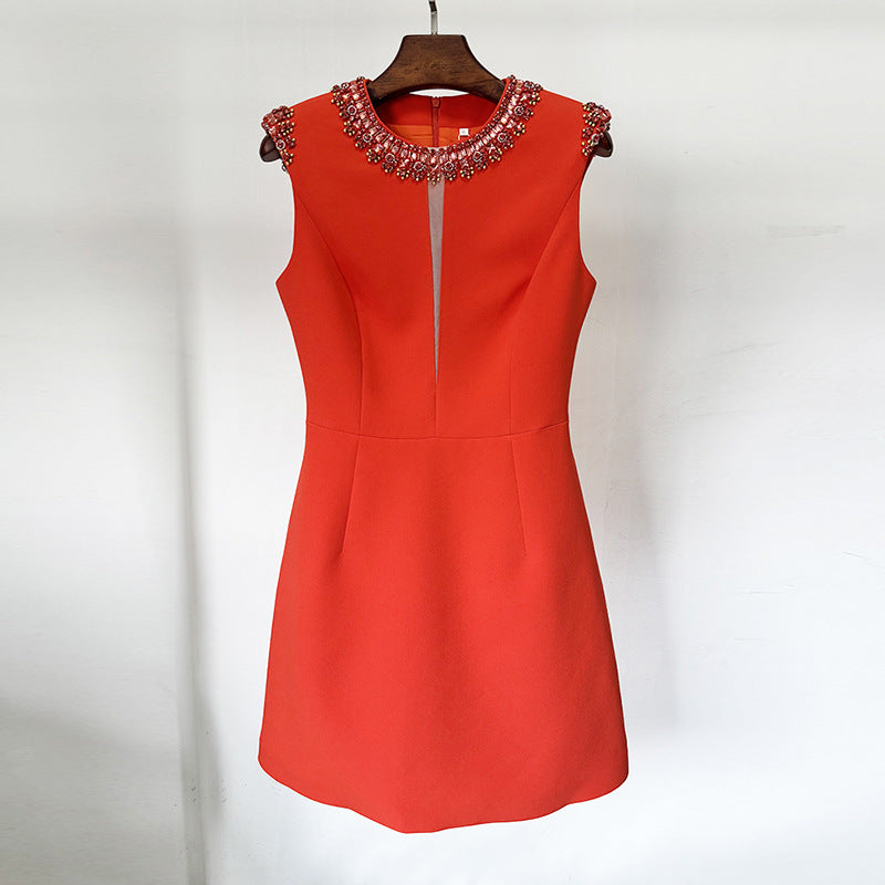 Sleeveless Beaded Collar Sheer Inset A-Line Mini Dress - View 2