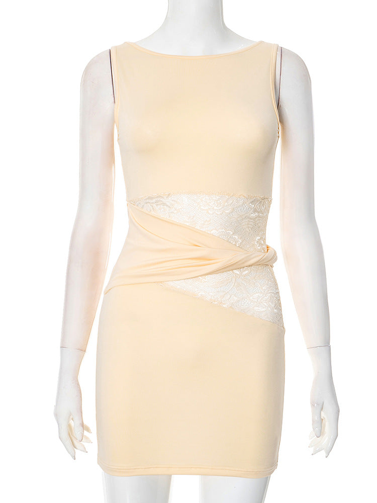 One Shoulder Lace Insert Cut Out Ruched Waist Bodycon Mini Dress - View 2