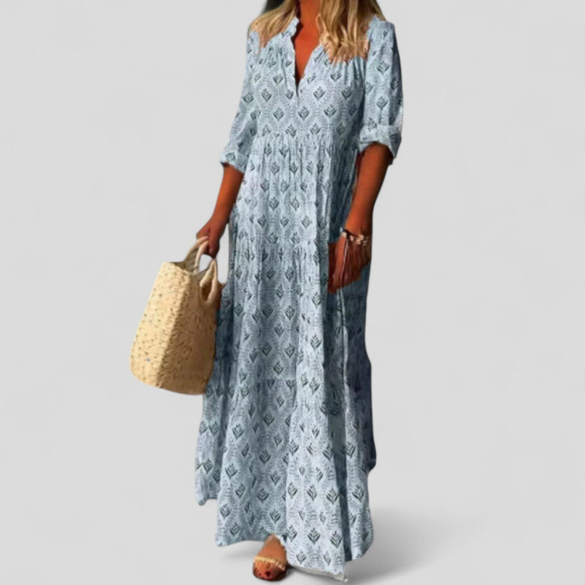Geometric Print V-Neck Half Sleeve Tiered Maxi Dress